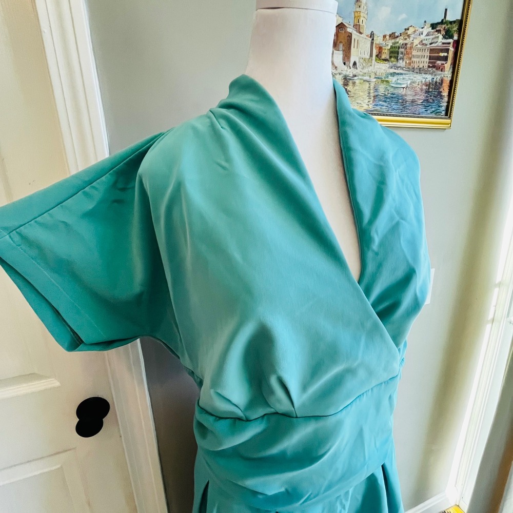 Miss Candyfloss Teal Blue Wrap Midi Dress Plus Size 4XL Vintage Pinup Rockabilly - Picture 4 of 11